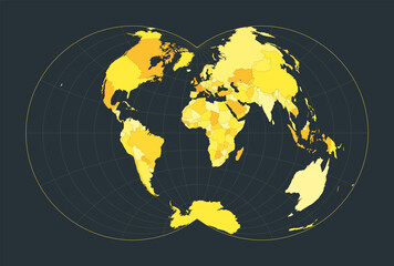 World Map. Nicolosi globular projection. Futuristic world illustration for your infographic. Bright yellow country colors. Modern vector illustration.