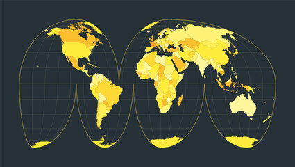 World Map. Goode's interrupted Mollweide projection. Futuristic world illustration for your infographic. Bright yellow country colors. Cool vector illustration.