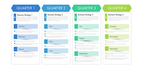 Infographic business year plan tenmplate and breakdown details 4 quarter can be use for a presentation about business plan.