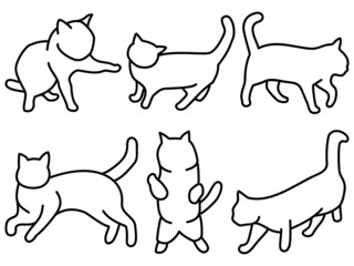 猫の白いシルエット6点セット。歩く、見つめる、触る猫たち