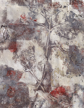 Abstract hortensia, garden flowers, in monoprint with textured background