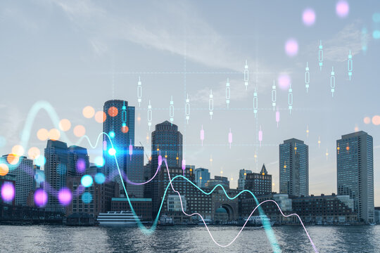 Panorama city view of Boston Harbor at day time, Massachusetts. Building exteriors of financial downtown. Glowing FOREX graph hologram. The concept of international trading and fundamental analysis