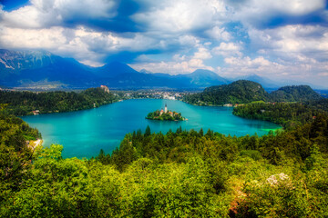 Fototapeta na wymiar View of Lake Bled with Bled Island, Slovenia