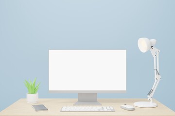 Blank white computer screen, mouse, keyboard, white lamp, black phone. there are green trees set on a wooden table blue background 3d rendering.