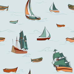 Vector seamless pattern with different ships and boats, waves. Hand painted illustration for wallpaper for kids room, curtains, texture, wrapping paper, textiles, fabric, decoration.