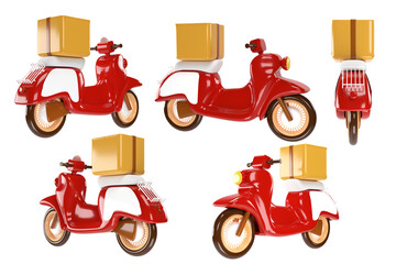 Set of Red scooters for delivery food and package. 3d render