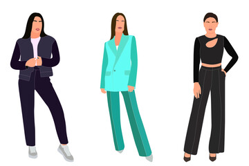 Set of a slender girl in a business suit standing. Adult model. Isometric flat style.