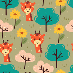seamless pattern hand drawing cartoon giraffe and flower. animal drawing for fabric print, textile, gift wrap paper
