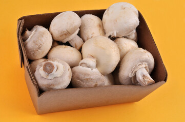 Barquette en carton de champignons de Paris en gros plan sur fond jaune