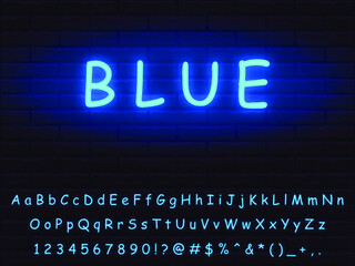 blue realistic neon font set. collection of editable vector letters numerals signs symbols icons. graphic advertisement web design