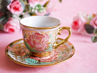 Antique cup of tea with pink rose on pink background ,Valentine's day romantic ,Mother's day ,pretty background or wallpaper ,Chinese traditional ,wedding card design ,coffee cup ,lovely love card 