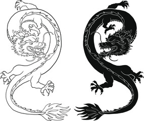 Japanese red dragon tattoo.Dragon on red background for Chinese New Year.Gold Chinese Dragon vector.Gold line art King Dragon tattoo.cartoon vector for t-shirt.