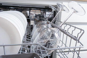 Glasses for wine after cleaning in a dishwasher.