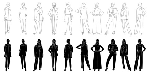 Slender girls and women standing, line drawing, set of silhouettes, vector isolated