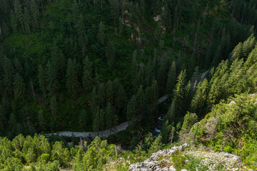 View from the trail to the Raptawicka cave on the Koscieliska valley and Koscieliski stream. Polish...