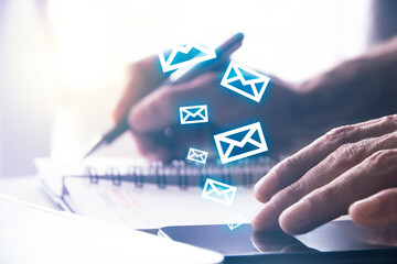 mano, scrivere, e mail, computer, posta elettronica