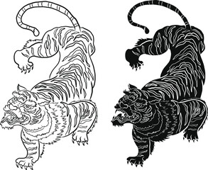 Japanese tiger illustration for printing on T-shirt.Year of tiger.Chinese new year zodiac sign of set.Chinese zodiac animal signs and Cherry blossom vector on background.