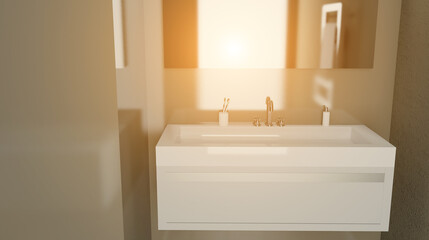 Naklejka na ściany i meble Clean and fresh bathroom with natural light. 3D rendering.. Sunset.