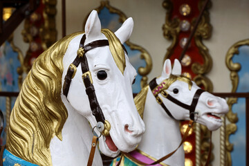 Vintage carousel horses closeup in amusement park on festive fair