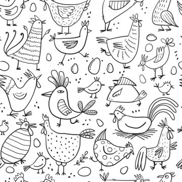 Funny farm birds family. Chicken and Rooster characters. Seamless pattern background for your design. Colouring Page