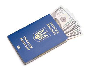 Blue international passport on white background with clipping path. Ukrainian biometric passport. Ukrainian international passport. Document for traveling abroad. 