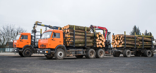 Truck with wooden logs on a trailer.