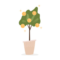 Money tree with growing coins. Isolated hand drawn web design element.