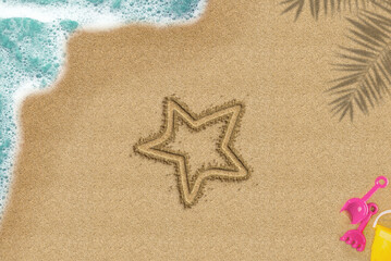 Fototapeta na wymiar Star drawn on sandy beach, travel and holiday concept, palm shadow and sea wave and toys composition, top view of star icon, summer times idea