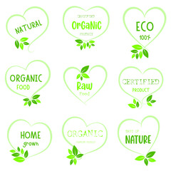 Organic food, healthy life and natural product logo, signs, labels. Vector illustration for marketing, packaging design, organic and natural products promotion.