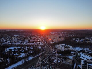 Aerial view of urovskaya ulitsa in sunset, spring time, Moscow, Russia