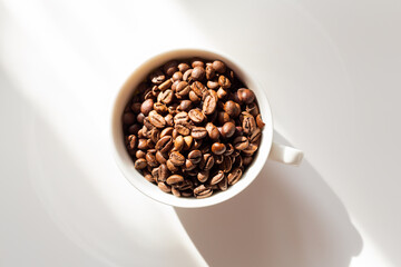 Coffee beans in a white ceramic cup on white background. Hard sun shadows. Top view