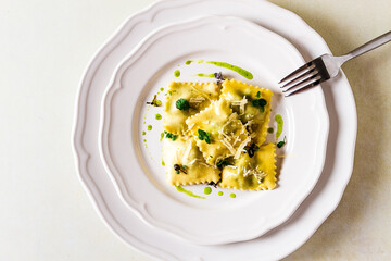 Ravioli with spinach and cheese, green sauce, on a light background, selective focus, no people,