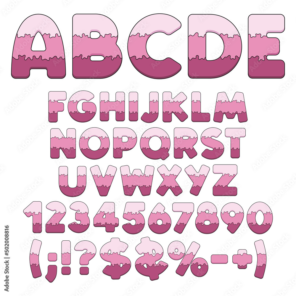 Poster alphabet, letters, numbers and signs from layers berry cake. isolated vector objects on a white back