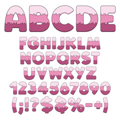 Alphabet, letters, numbers and signs from layers berry cake. Isolated vector objects on a white background.