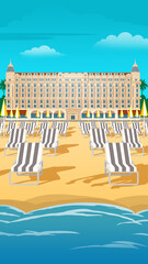 Cannes city (France) illustration. Background featuring the beautiful, iconic Carlton hotel building and bright sky. relaxing beach chair Business trip and tourism idea with old buildings.