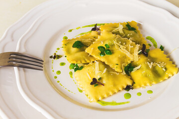 Ravioli with spinach and cheese, green sauce, on a light background, selective focus, no people,