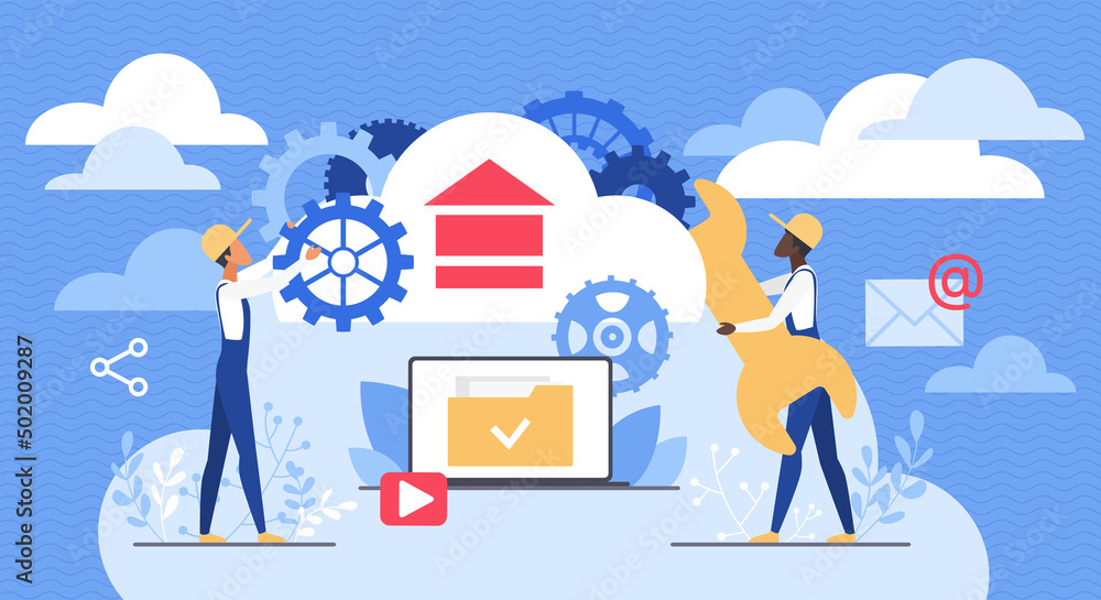 Leinwandbilder Cloud service, data storage. Tiny tech team of admins engineers with tools to connect web infrastructure, database server and network support flat vector illustration. Online cloud, software concept