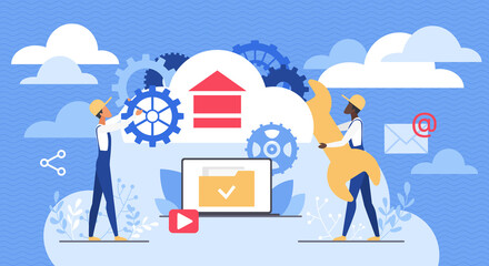 Cloud service, data storage. Tiny tech team of admins engineers with tools to connect web infrastructure, database server and network support flat vector illustration. Online cloud, software concept