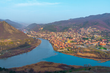 Panoramic view of the old city Mtskheta and Svetitskhoveli Cathedral, Mtskheta