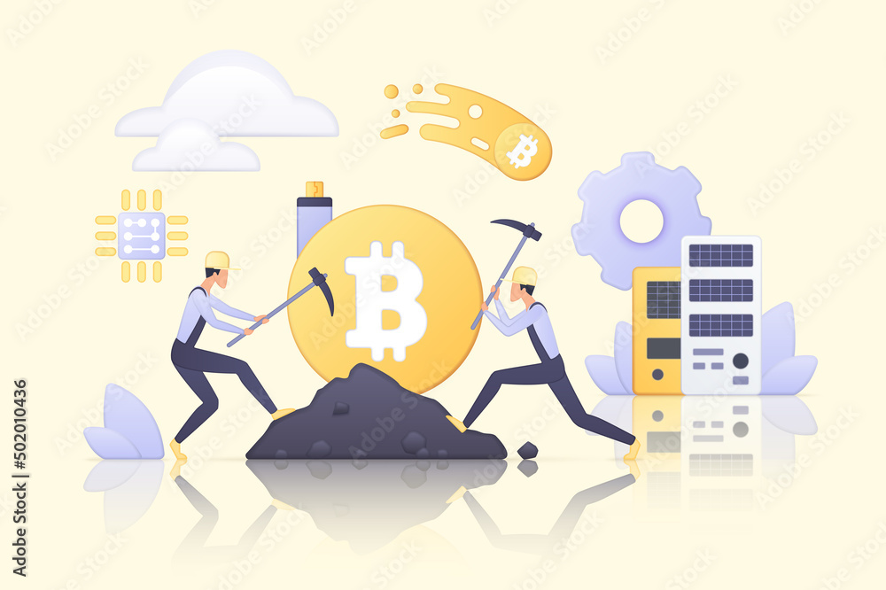 Poster cryptocurrency, data mining system. tiny people work with software on servers, hardware and network,