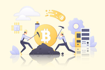 Cryptocurrency, data mining system. Tiny people work with software on servers, hardware and network, mine and trade crypto currency flat vector illustration. Blockchain, virtual money concept