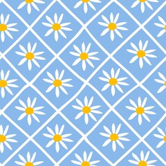 Daisy Pattern Seamless. Blue Floral Pattern background. Textile diagonal pattern or wallpaper design. Vector. 