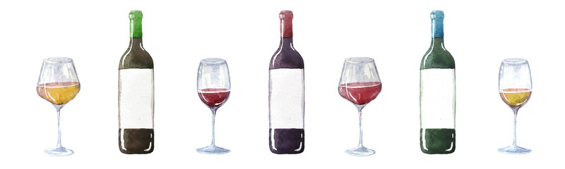 Watercolor set with a bottles of red, white wine and a glasses. Watercolor hand drawn illustration.