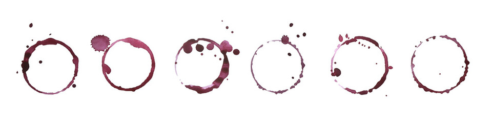 watercolor set with round red wine stains, splashes. Watercolor hand drawn illustration. Wine glass marks