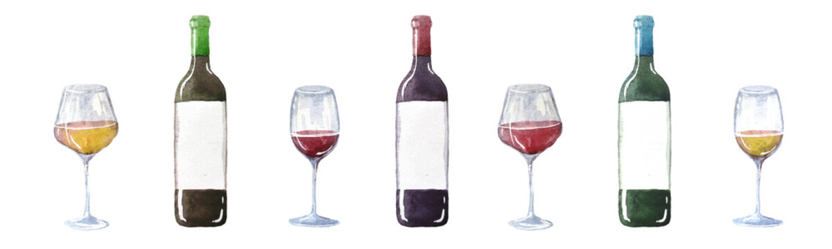 Watercolor set with a bottles of red, white wine and a glasses. Watercolor hand drawn illustration.
