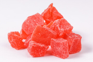 a bunch of red candied fruits close-up. sweet dessert