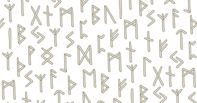 Animation with magic rune symbols. Runes looping seamless ethnic pattern. Ethnic runic alphabet, Futhark. Ancient norse occult symbols, black vikings letters. Alpha channel. 4K Video motion graphic