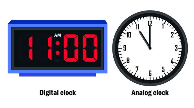 digital clock  and analog clock  time 11 o' clock with words time for action