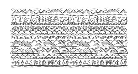 Abstract Nature Pattern Frame for your design. Forest and Mountain icons. Ethnic style