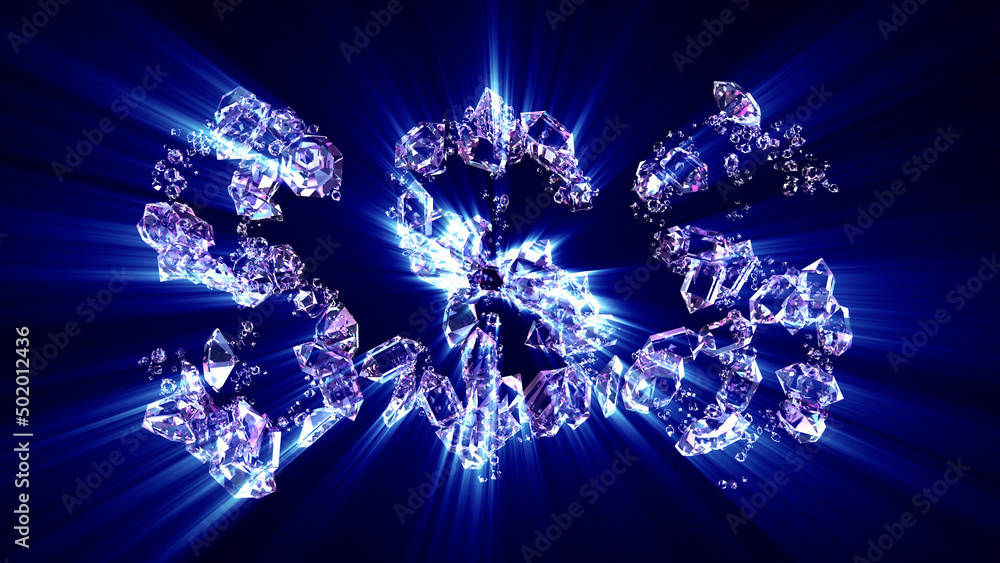 Poster $$$ - text of diamonds with blue light rays, isolated - object 3d rendering